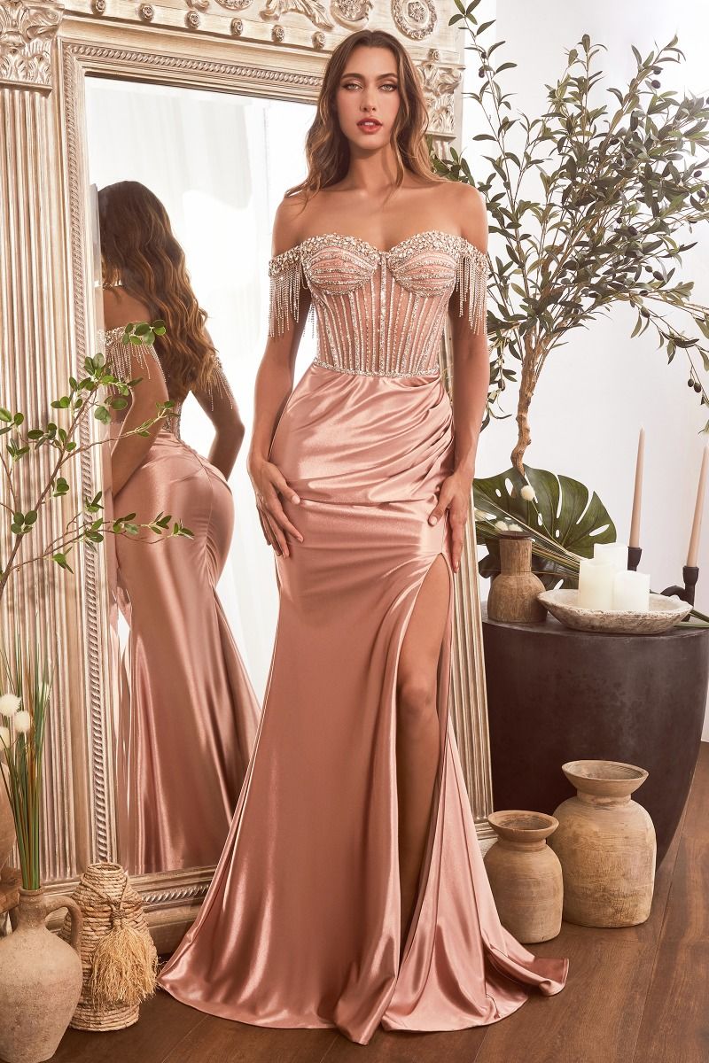 Embellished Off The Shoulder Satin Gown (CD821)