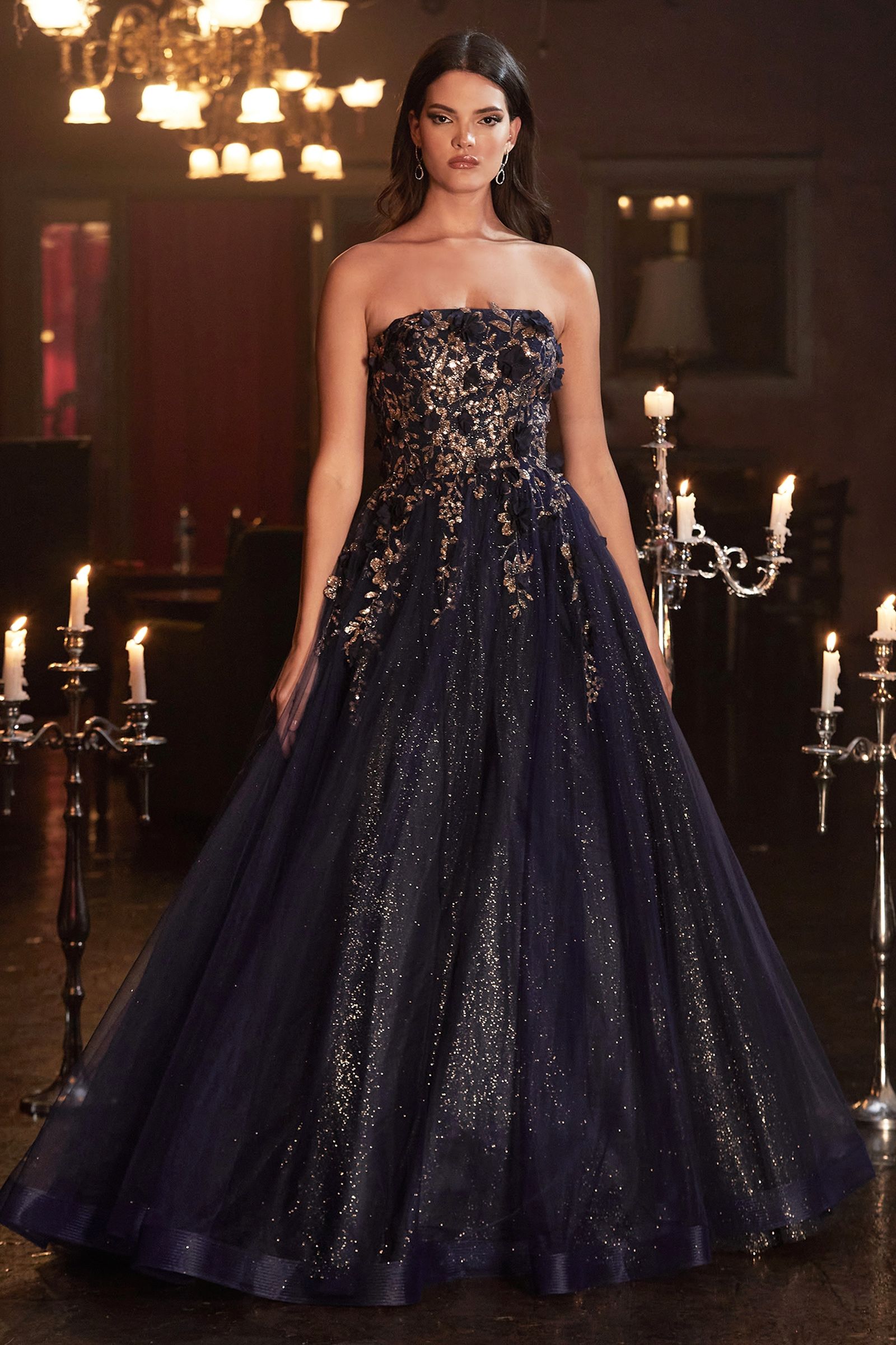 Strapless Glitter Layered Tulle Ball Gown (CD955)