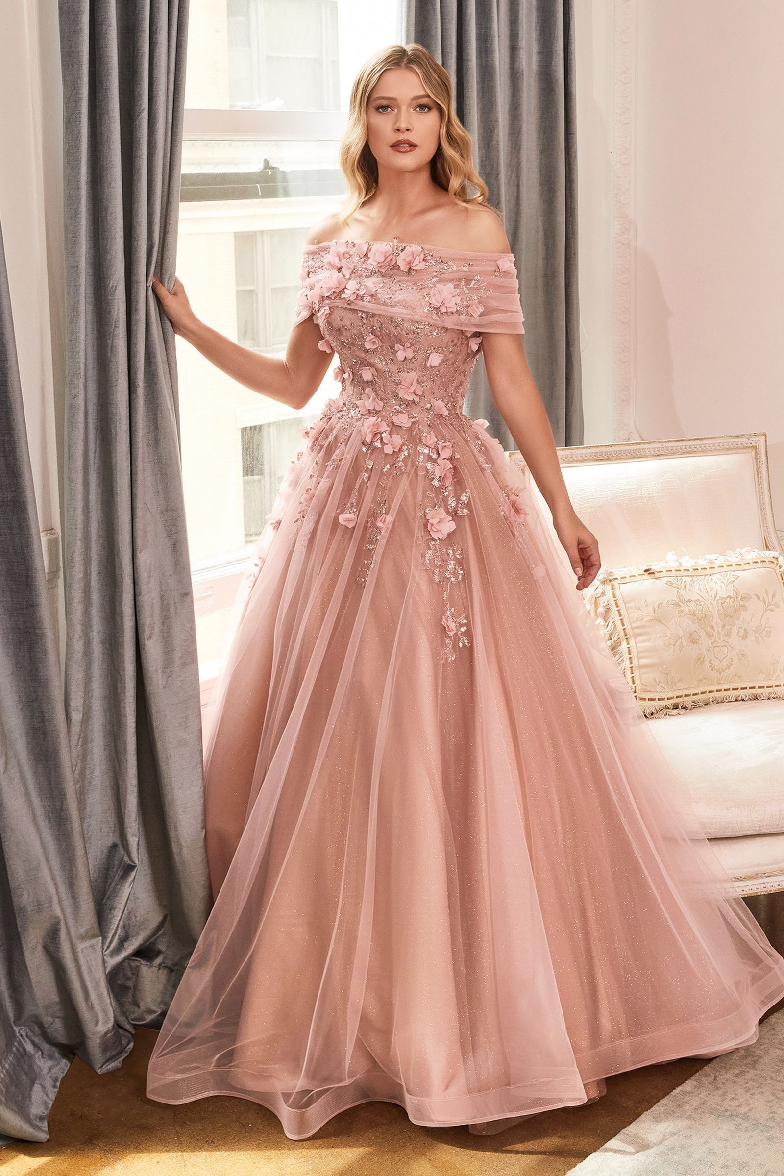 Strapless Glitter Layered Tulle Ball Gown (CD955)