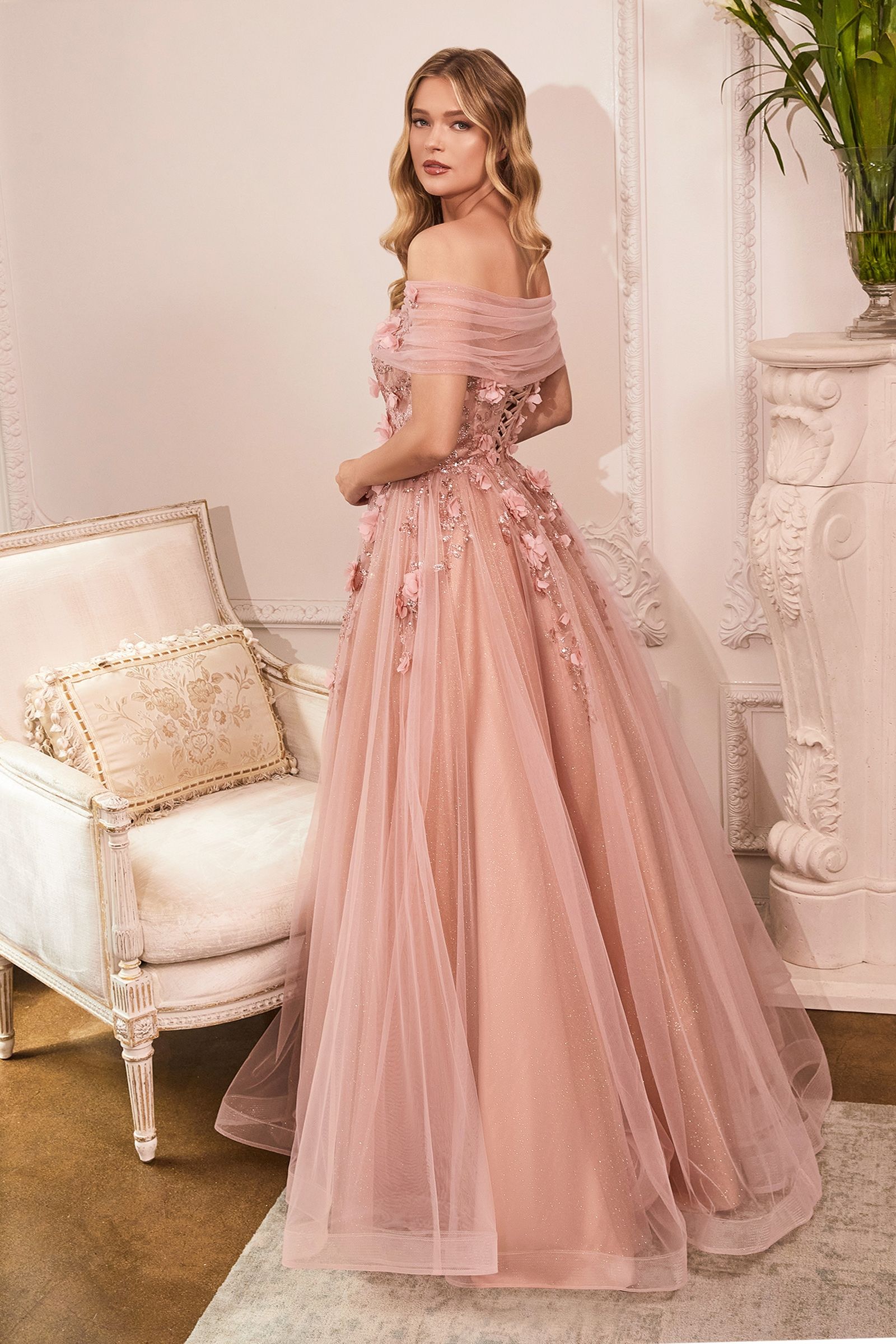 Strapless Glitter Layered Tulle Ball Gown (CD955)