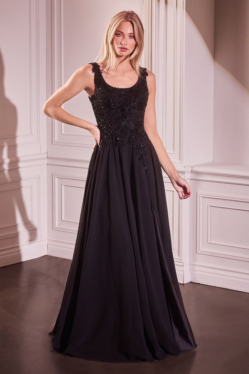 Chiffon A-Line Beaded Lace Bodice Dress With Removable Cape (CDS503)