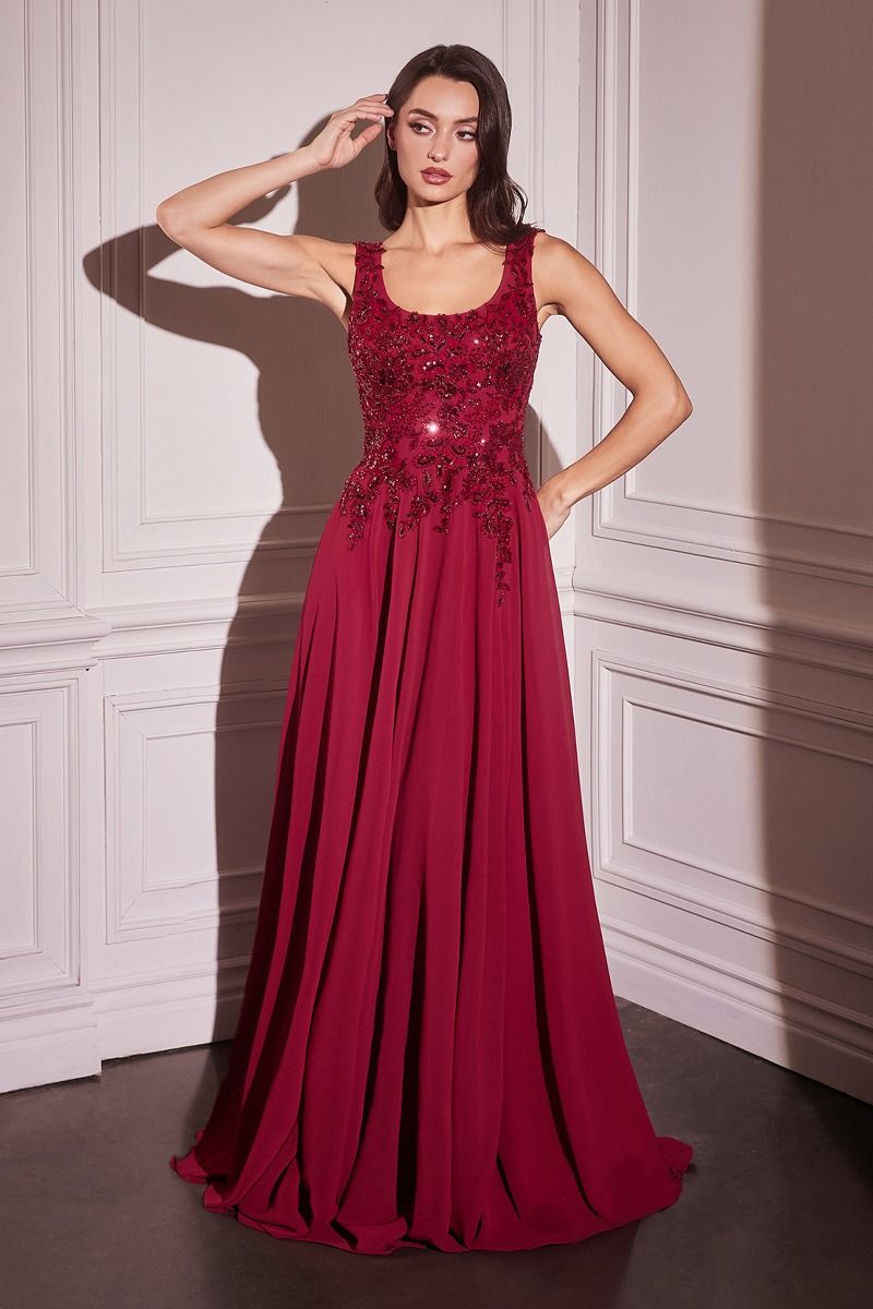 Chiffon A-Line Beaded Lace Bodice Dress With Removable Cape (CDS503)