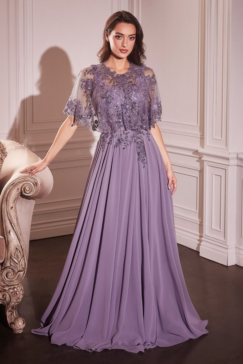 Chiffon A-Line Beaded Lace Bodice Dress With Removable Cape (CDS503)