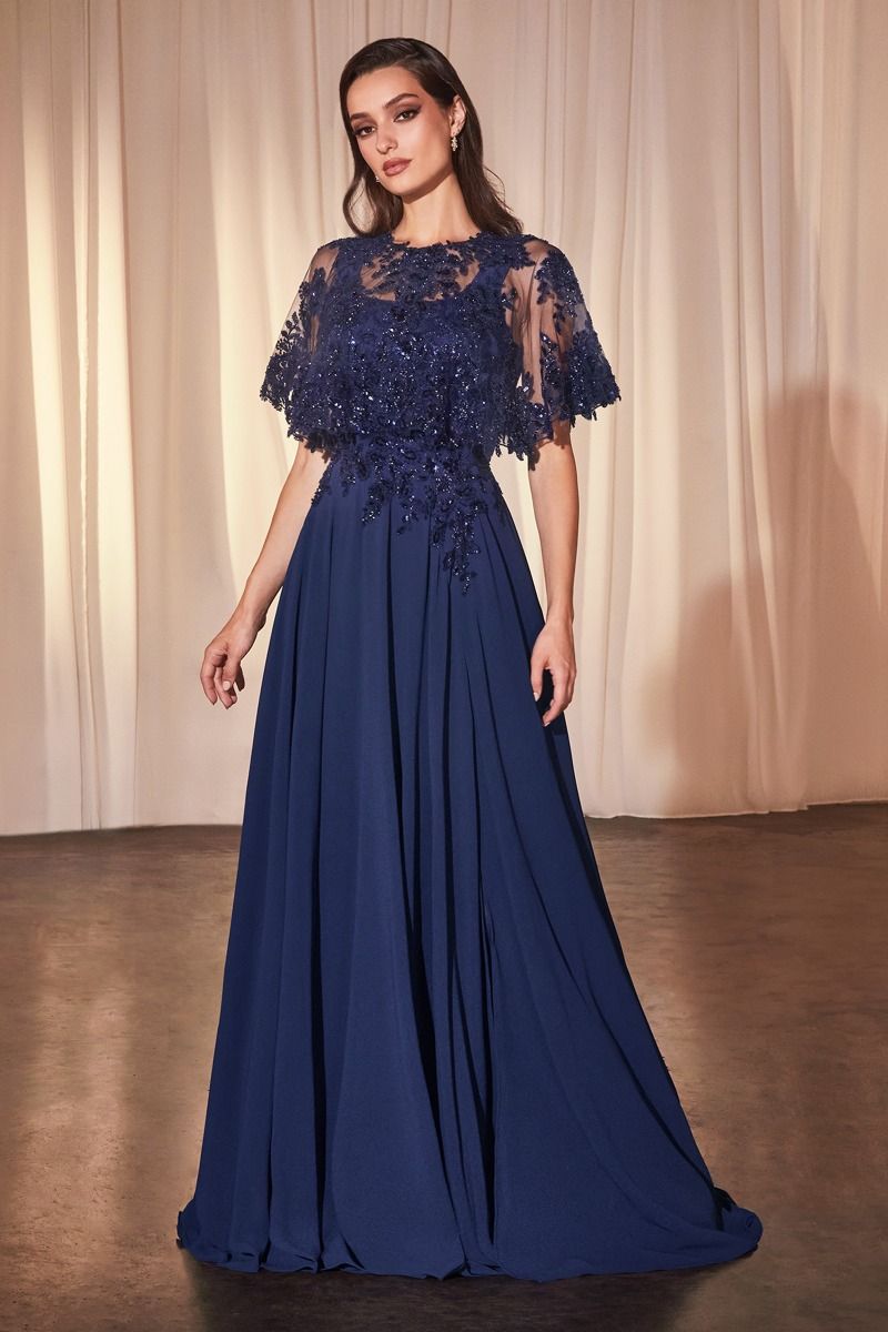 Chiffon A-Line Beaded Lace Bodice Dress With Removable Cape (CDS503)