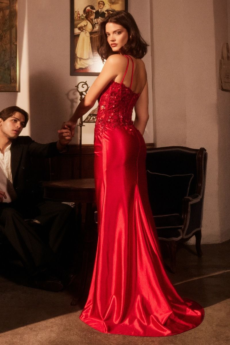 Striking One Shoulder Beaded Corset with Fitted Satin Gown (CDS535)