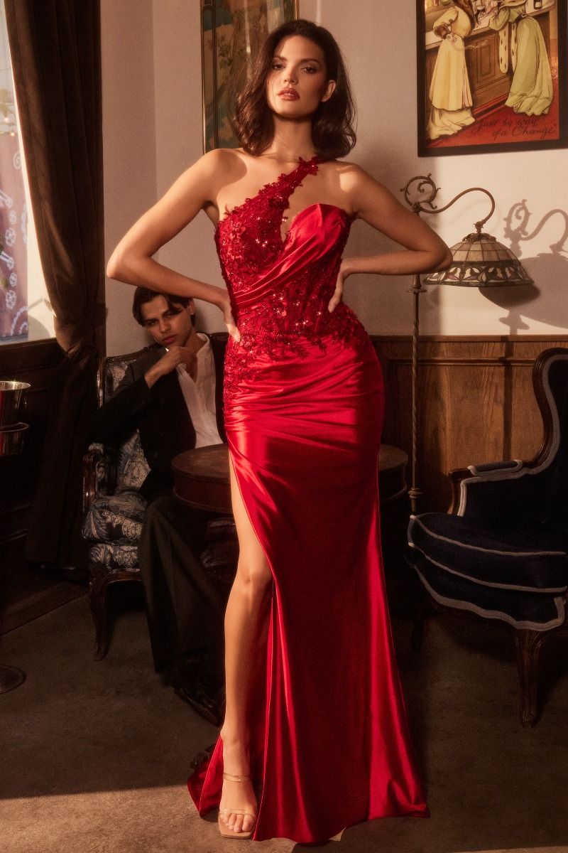 Striking One Shoulder Beaded Corset with Fitted Satin Gown (CDS535)