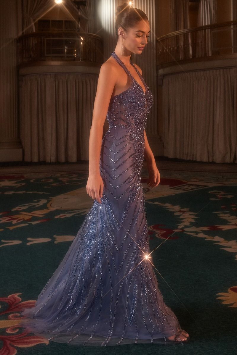 Beaded Sequin Halter Mermaid Dress (CDS547)