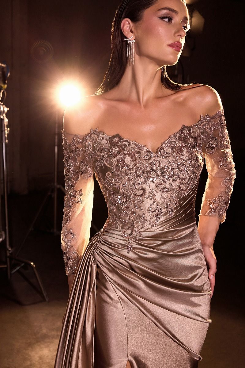 Off The Shoulder Three Quarter Sleeves Lace Bodice Gown (CDS459)