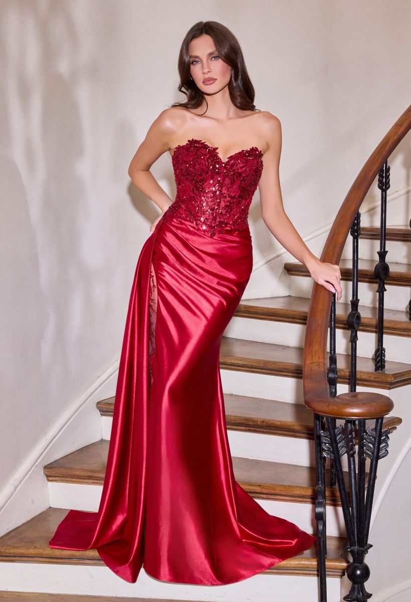 Beaded Illusion Corset with Sweetheart Neckline and High Slit Gown (CDS565)