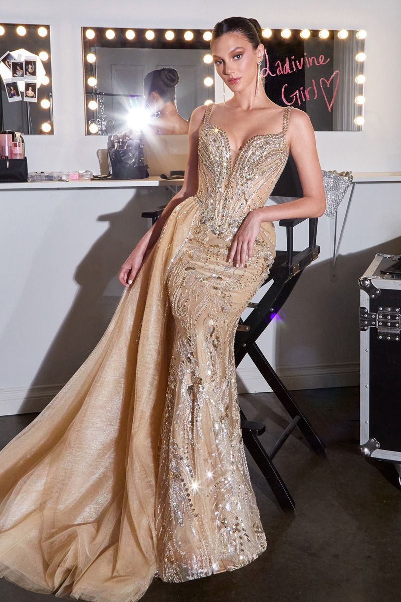 Celestial Embellished Mermaid Gown with Detachable Overskirt (CDS570)