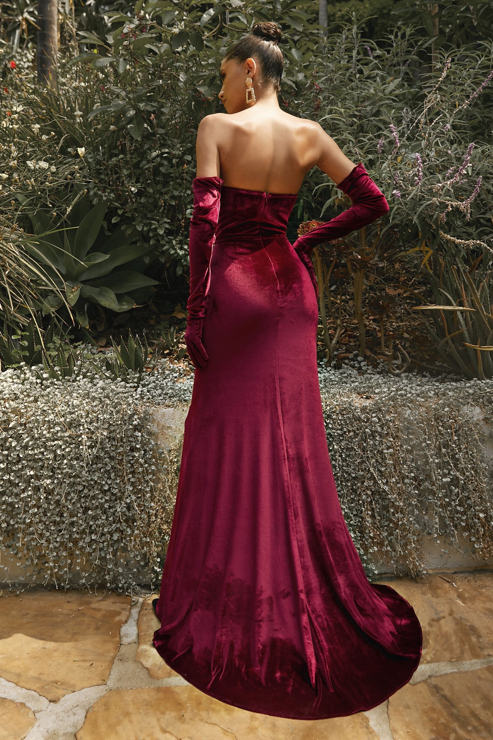 Velvet Strapless Fitted Gown With Gloves (CH176)