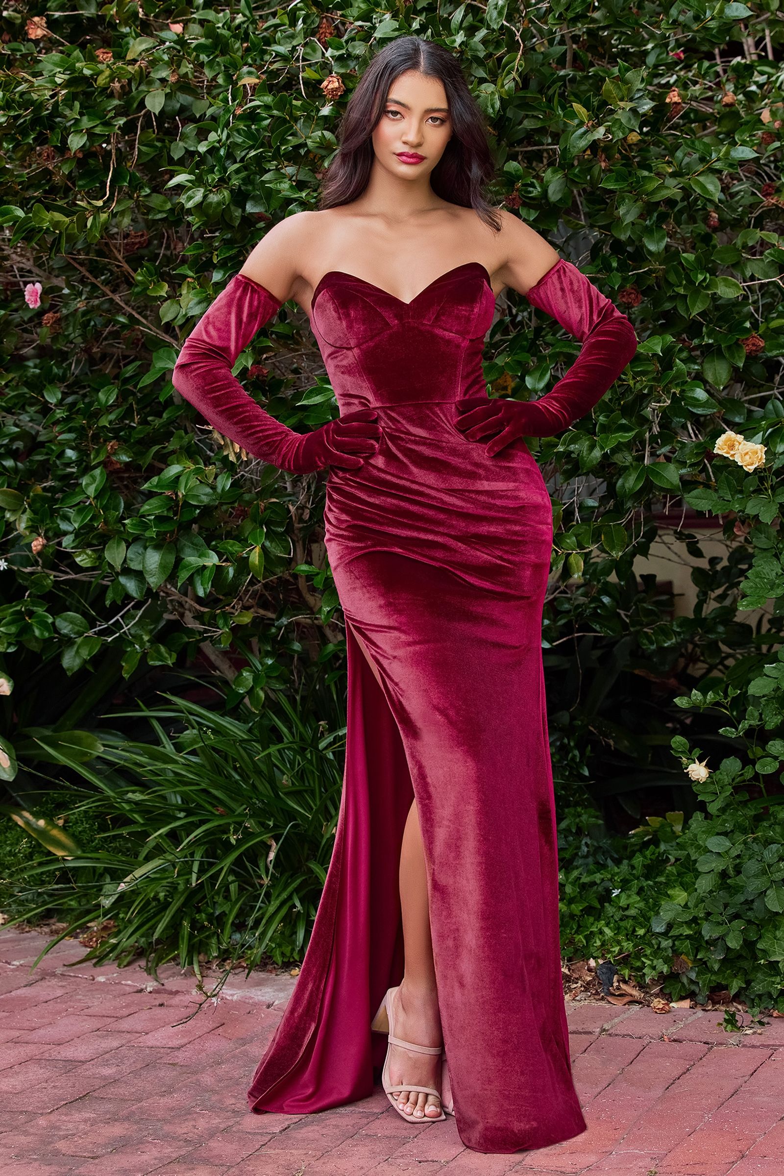 Velvet Strapless Fitted Gown With Gloves (CH176)