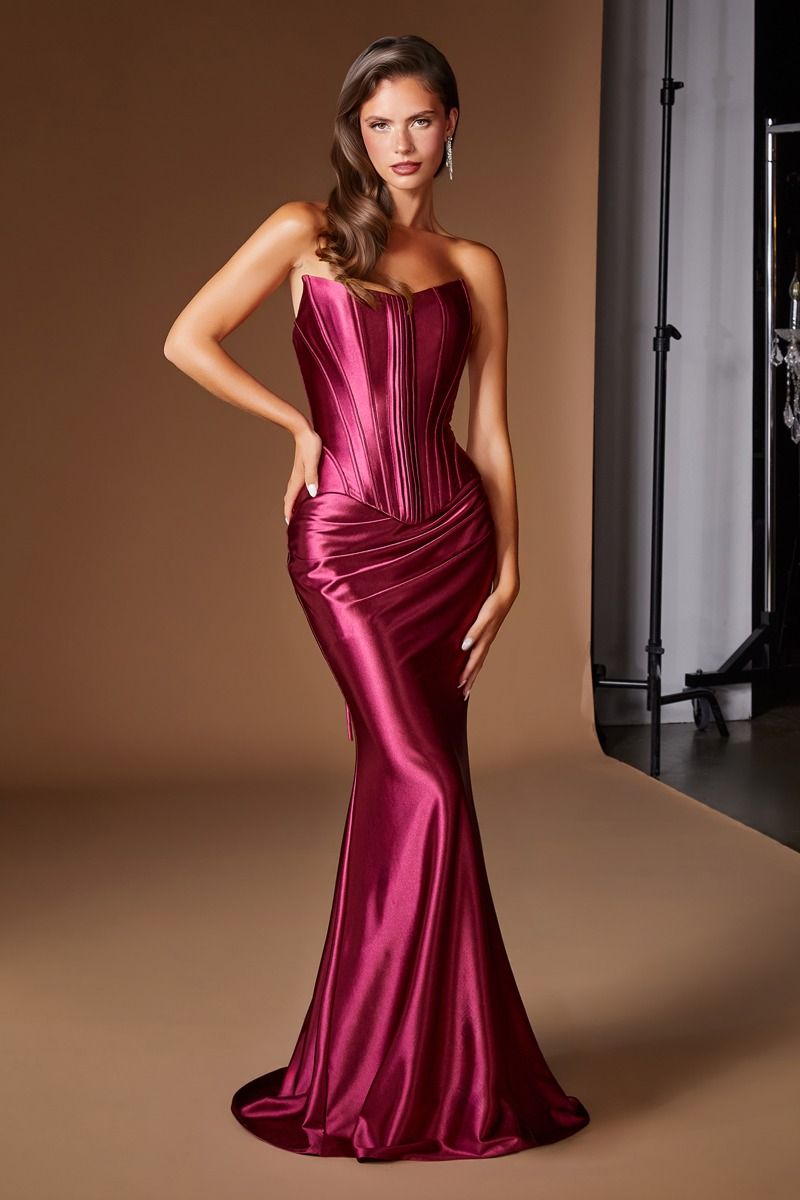 Strapless Satin Mermaid Evening Gown with Sculpted Corset Bodice and Lace-Up Back (CH2602)