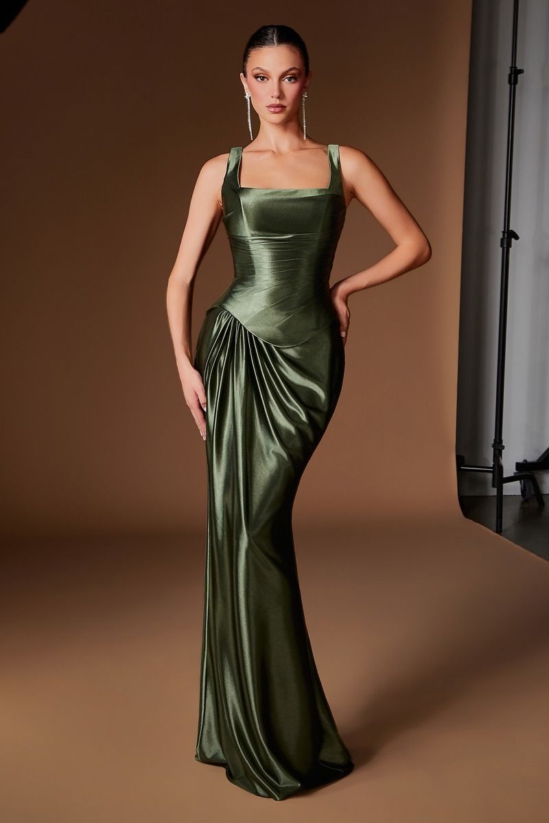 Square-Neck Satin Gown with Asymmetrical Draping (CH2604)