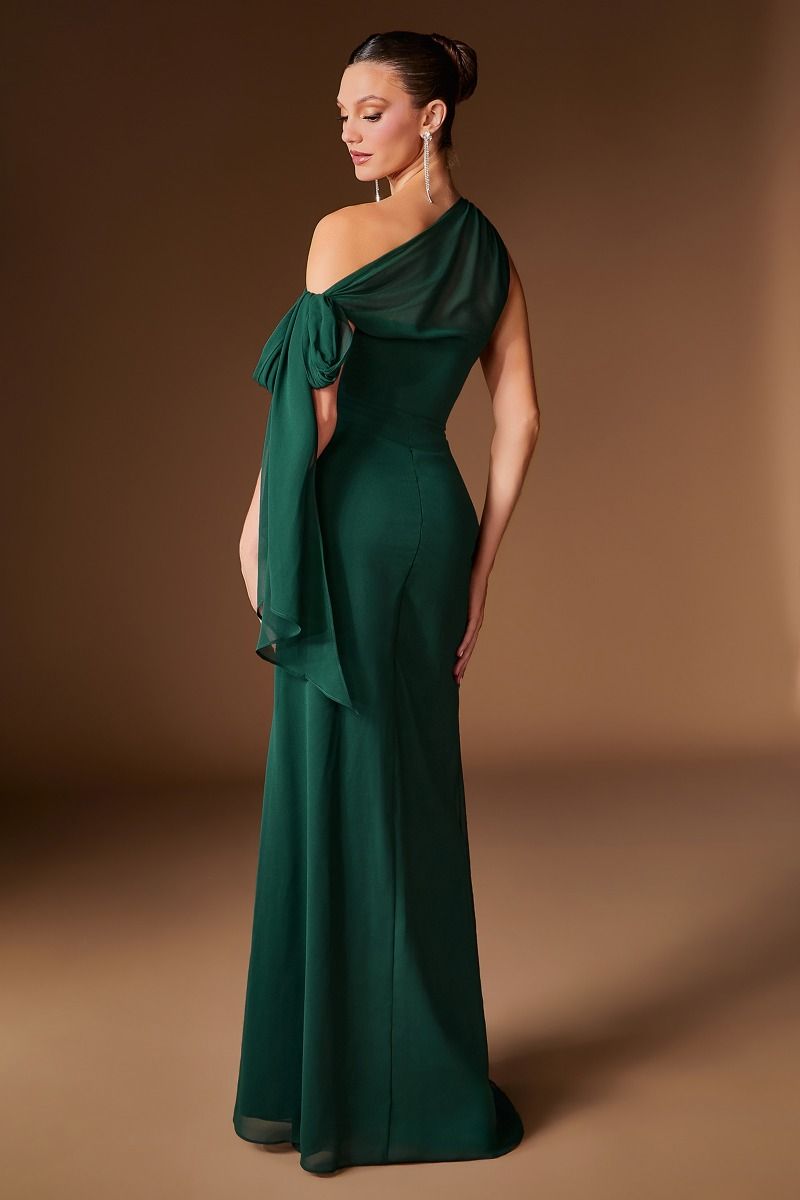 One-Shoulder Chiffon Evening Gown with Jeweled Appliqué and Draped Bow Sleeve (CH2612)
