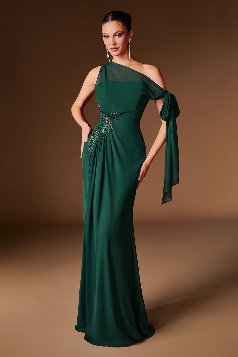One-Shoulder Chiffon Evening Gown with Jeweled Appliqué and Draped Bow Sleeve (CH2612)