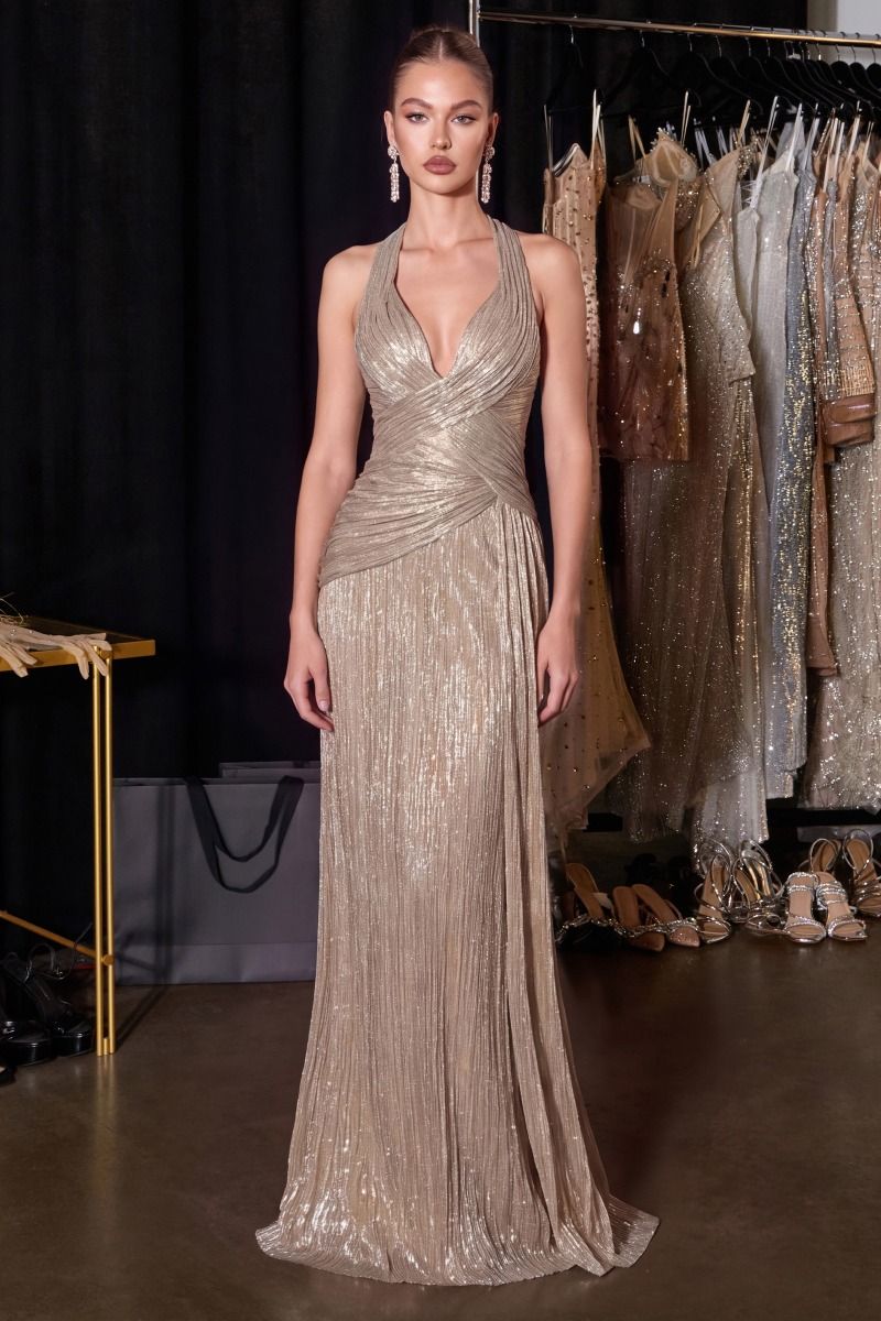 Shimmering Pleated Halter Gown (CH2625)