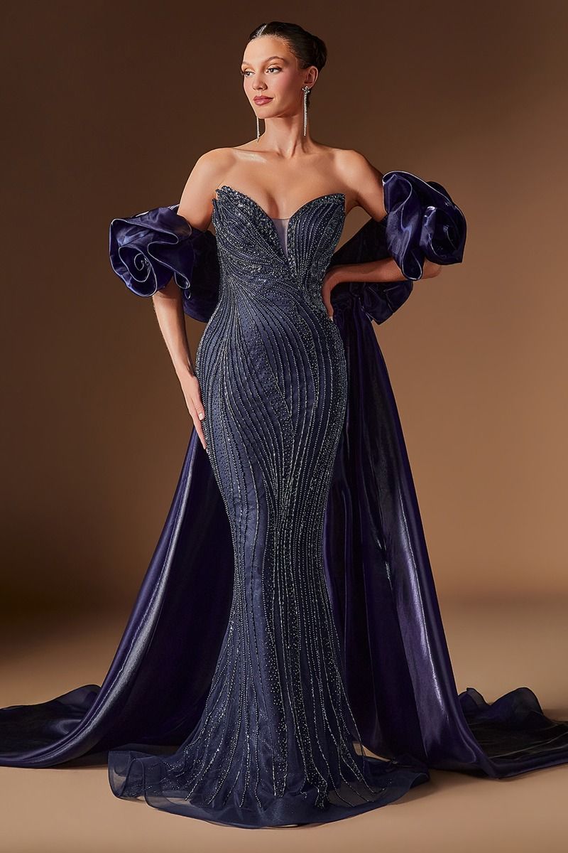 Strapless Beaded Mermaid Evening Gown with Detachable Rosette Overskirt Train (CJ933)