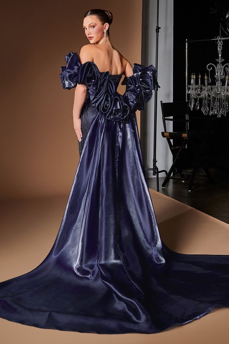 Strapless Beaded Mermaid Evening Gown with Detachable Rosette Overskirt Train (CJ933)