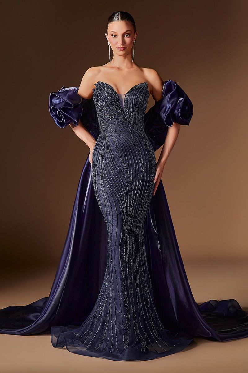 Strapless Beaded Mermaid Evening Gown with Detachable Rosette Overskirt Train (CJ933)