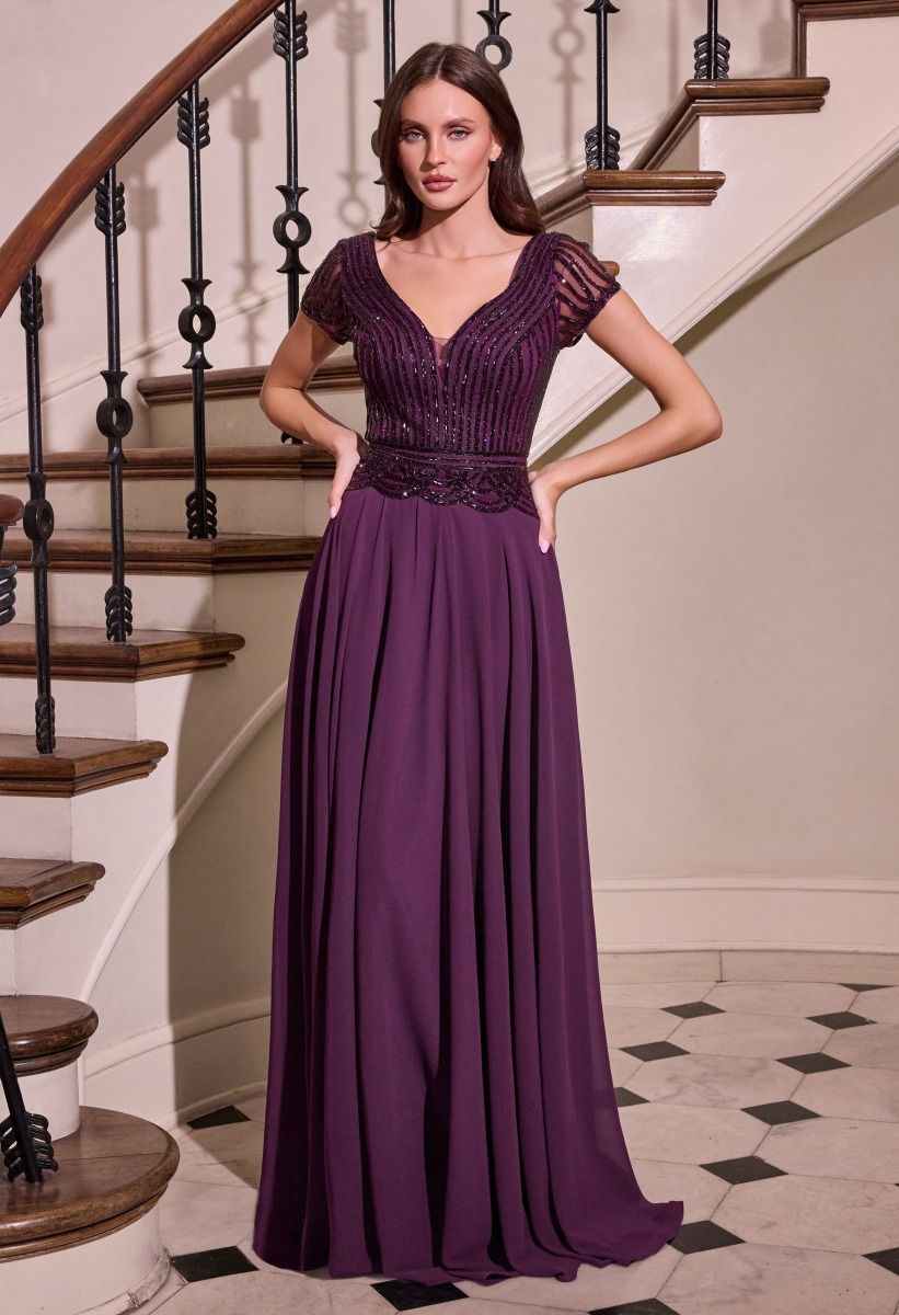 Elegant Deep V Cap Sleeve Beaded Bodice A Line Chiffon Gown (CL07)