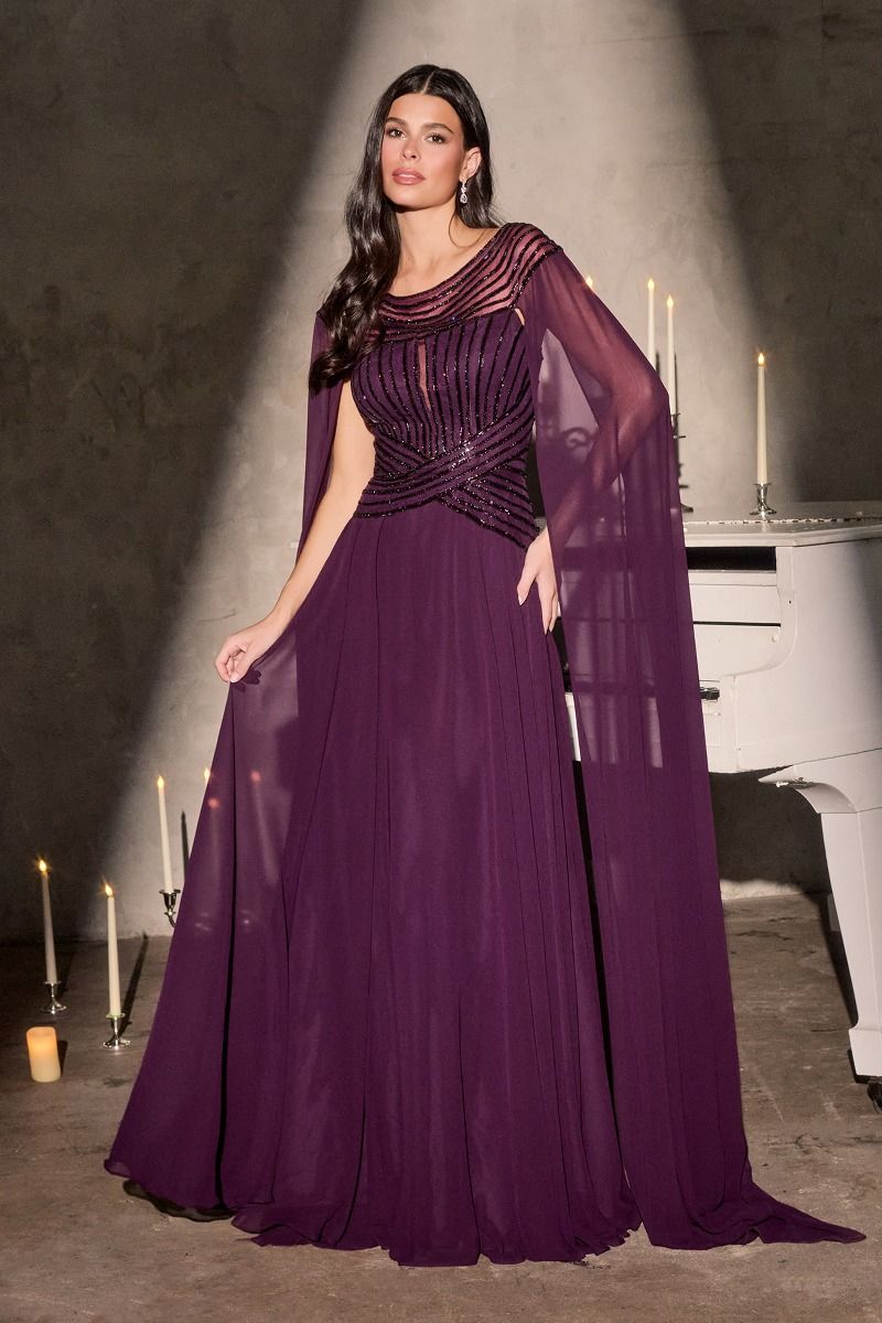 Bateau Neckline With Beaded Bodice A-Line Dress With Flowing Cape Sleeves (CL08)