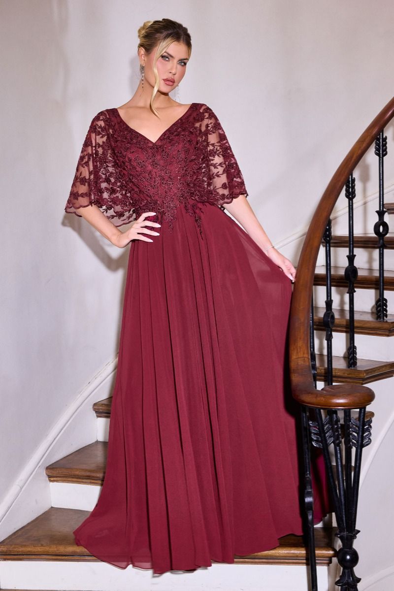 Exquisite Lace Cape Sleeve Chiffon-A Line Gown (CL10)