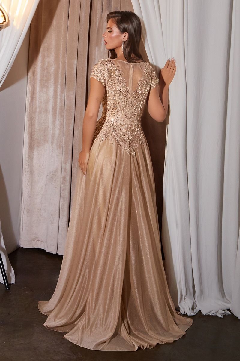 Illusion Cap Sleeve A-Line Gown with Beaded Draped Bodice (CL11)