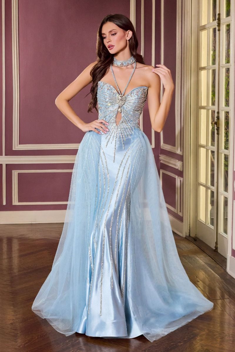 Beaded Halter Gown with Detachable Tulle Overskirt (CM391)