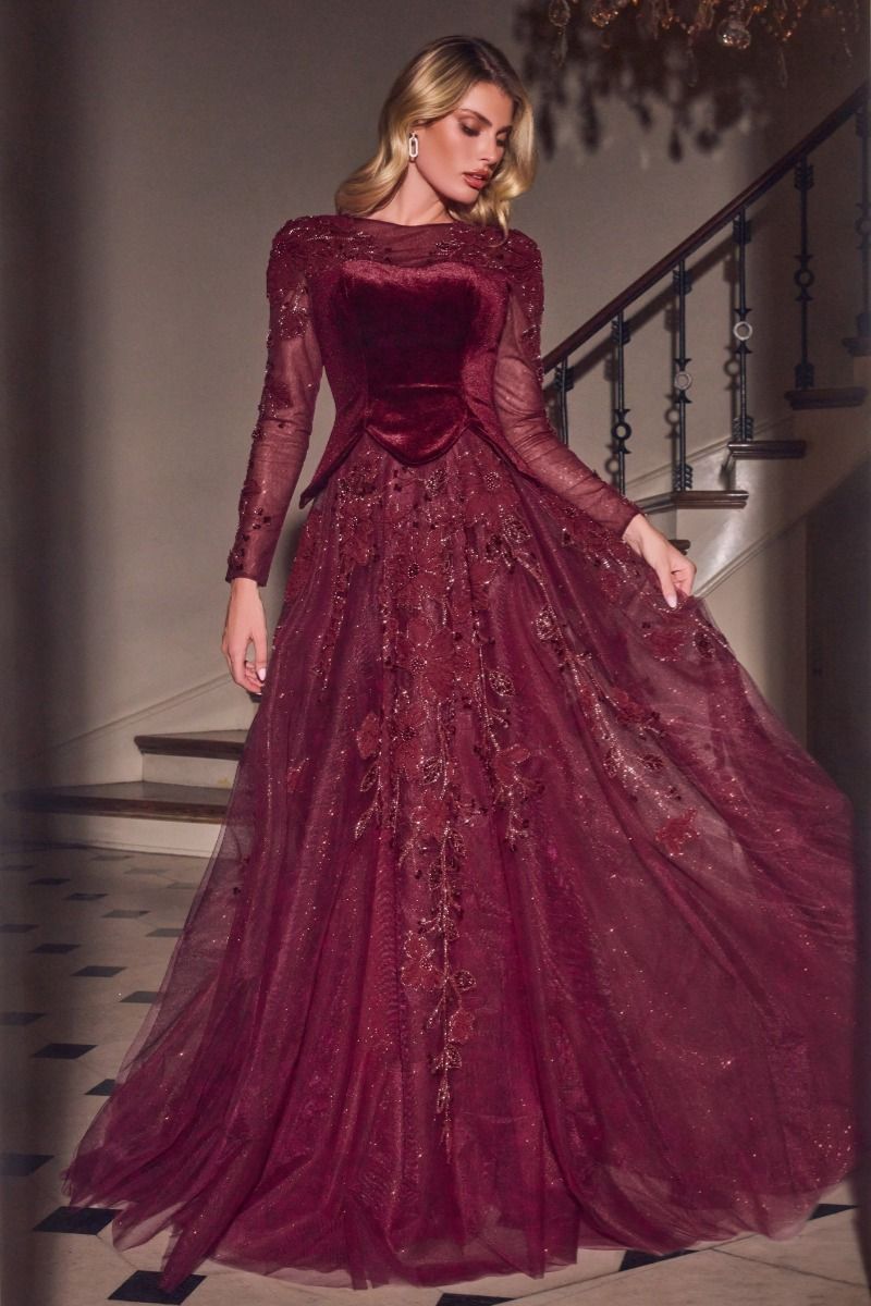 Long Sleeve Velvet & Lace Ball Gown (CM394)