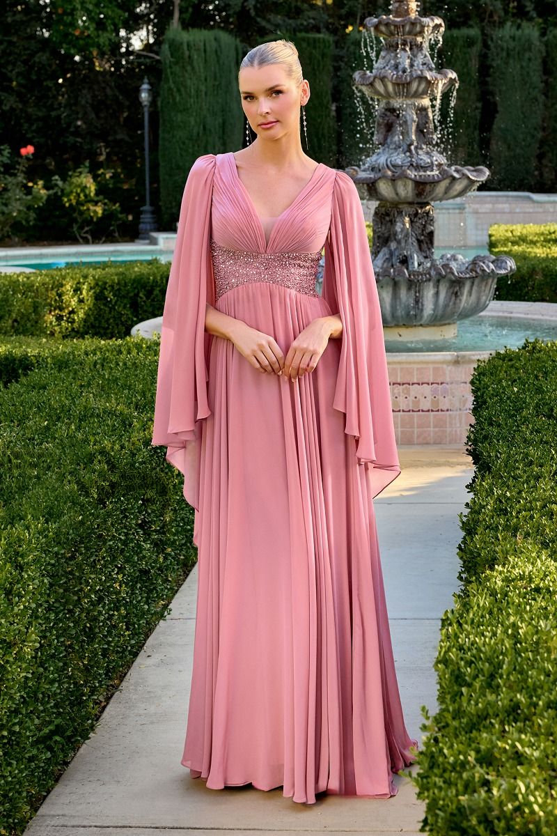 V-Neck Cape Sleeve Chiffon A Line Gown with Beaded Waist (CM8244)