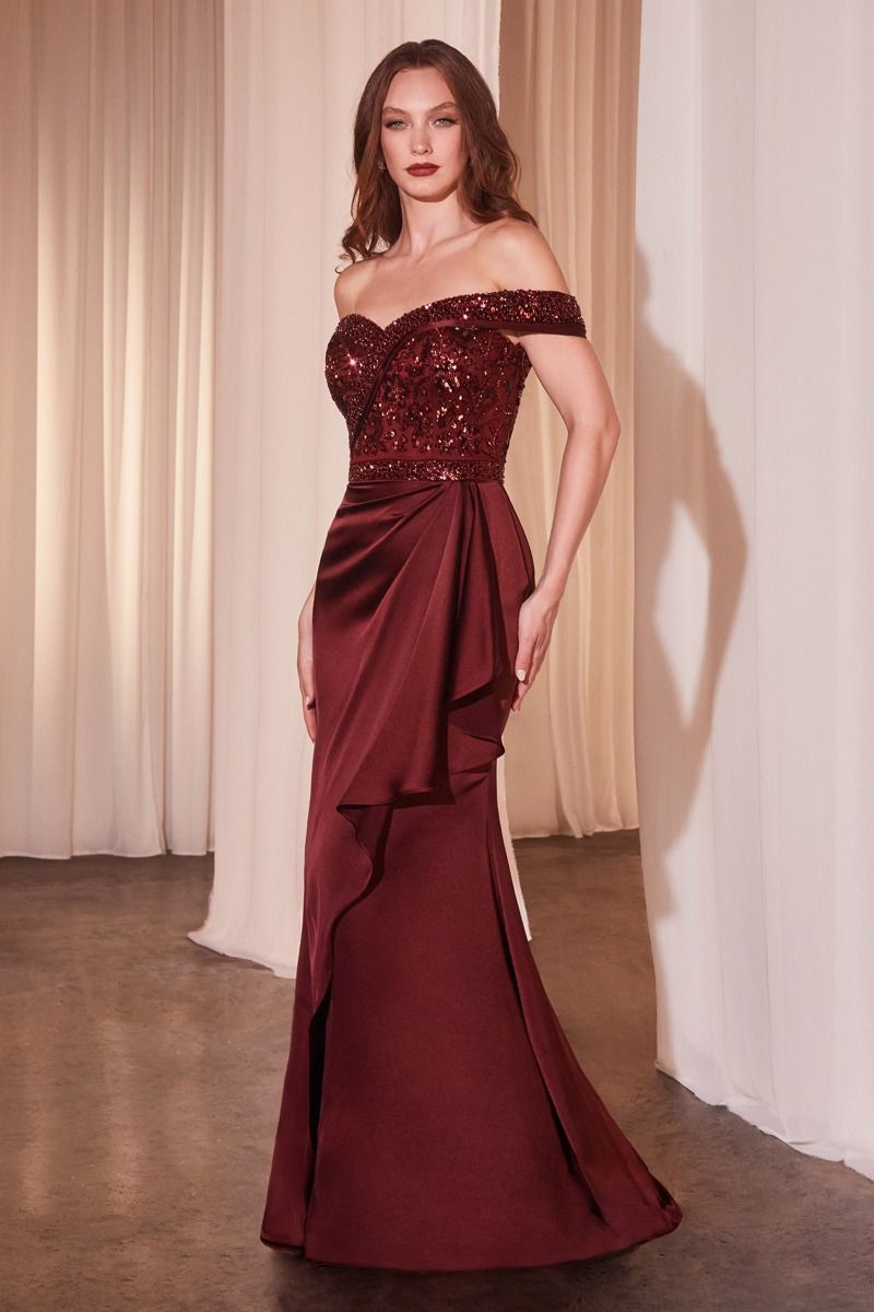 Off The Shoulder Satin & Beaded Gown (CR877)