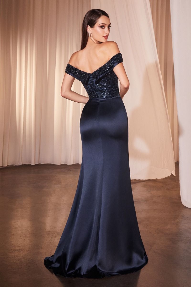 Off The Shoulder Satin & Beaded Gown (CR877)