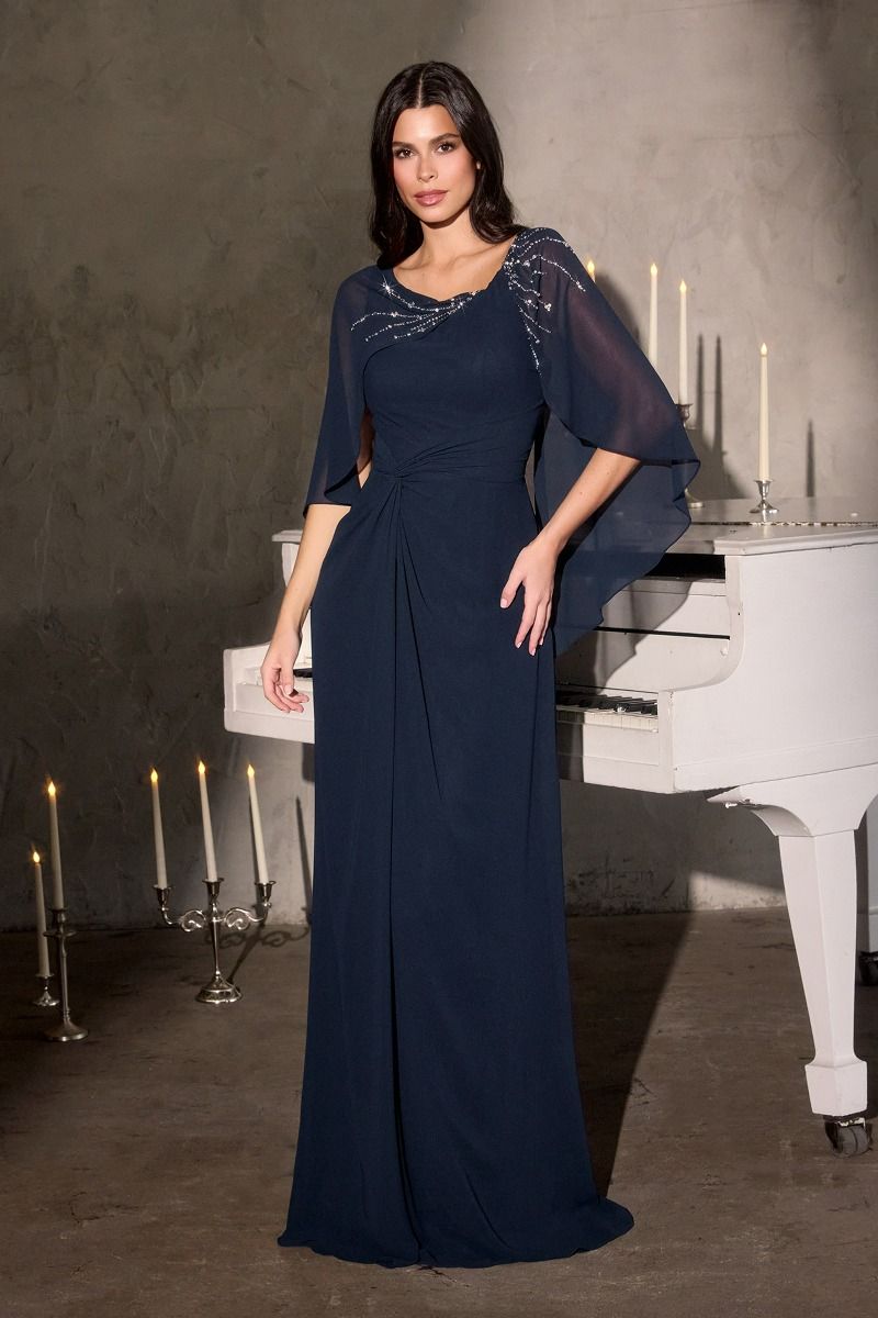 Striking Beaded Cape Sleeve Chiffon Column Gown (CR884)