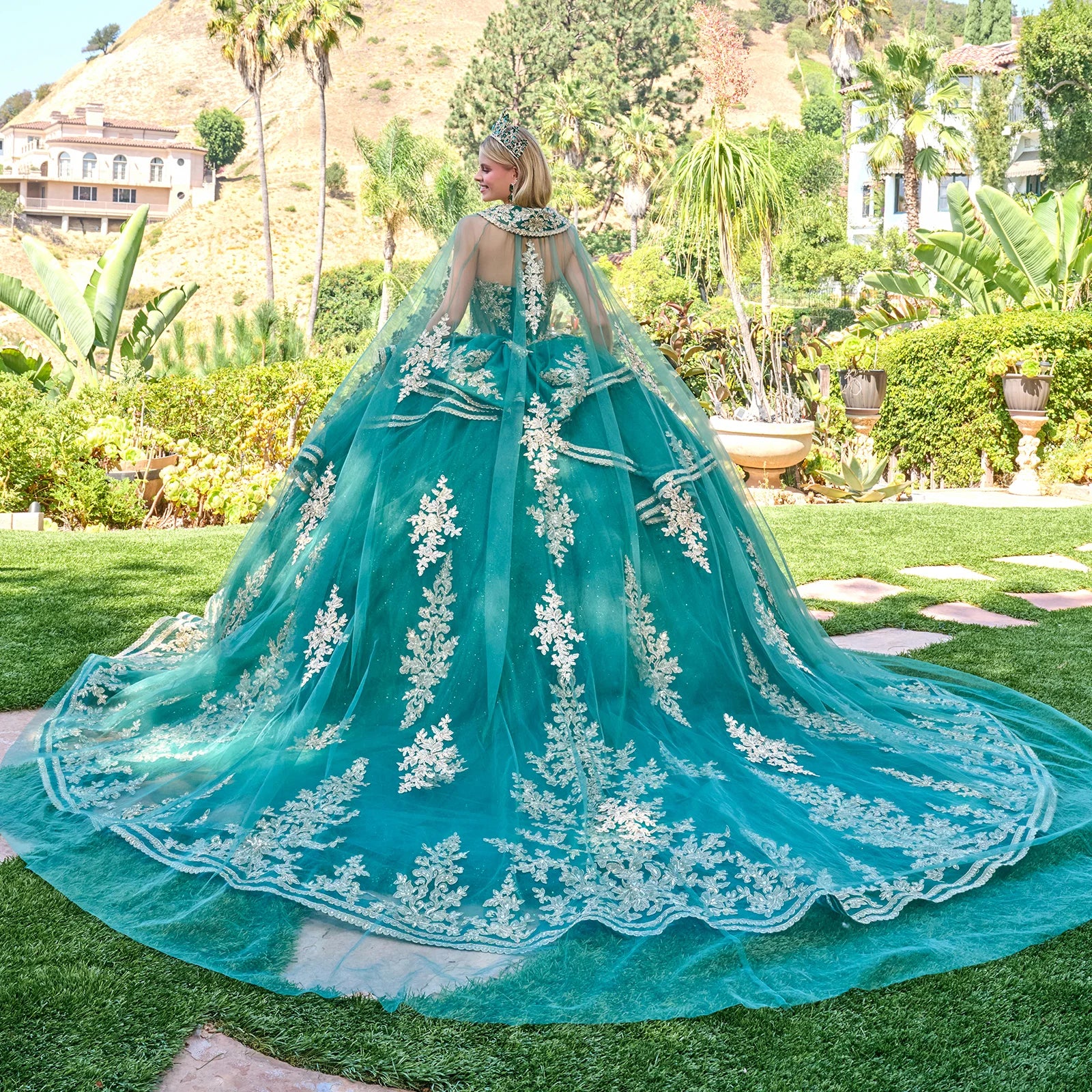 Regal Embroidered Ball Gown with Detachable Cape and Statement Bow (GL3671)