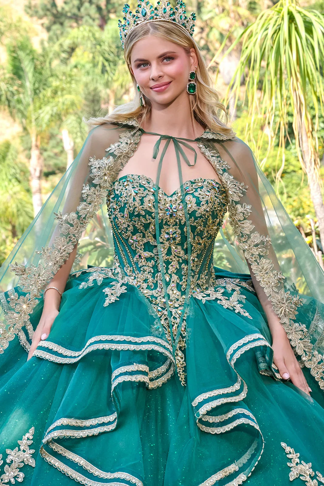 Strapless Cascading Waist Ruffles Gown With Detachable Back Bow And Matching Cape Train (GL3671)