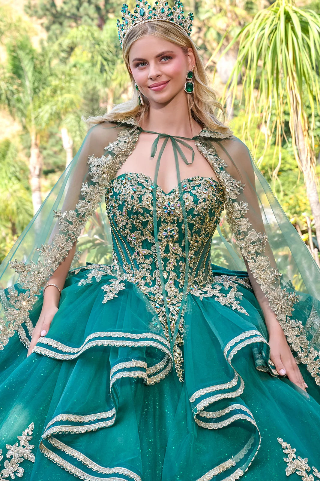 Regal Embroidered Ball Gown with Detachable Cape and Statement Bow (GL3671)