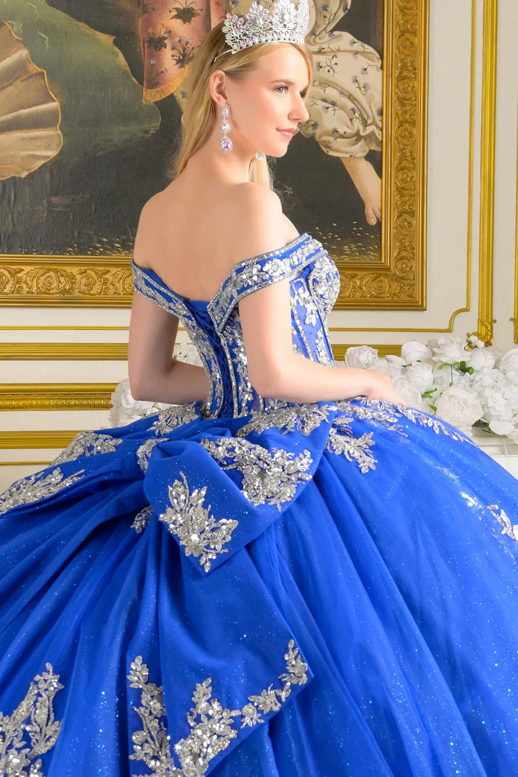 Embellished Fold Over Off-Shoulder Straps Corset Bodice Train Ball Gown With Detachable Back Bow (GL3672)