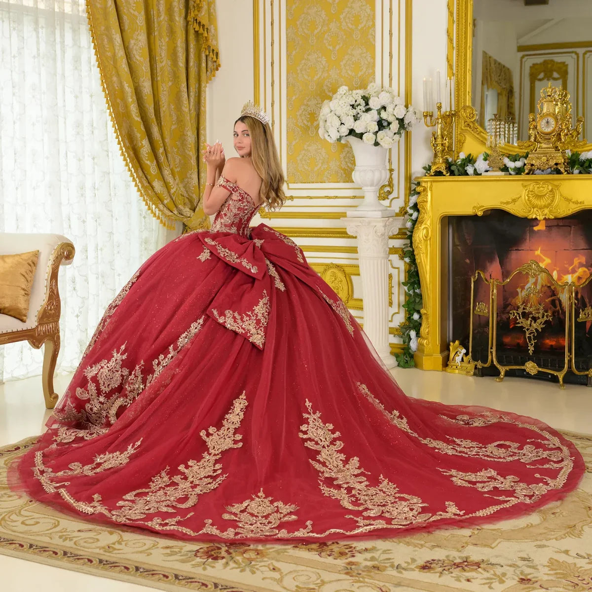 Off-Shoulder Embellished V-Neckline Corset Bodice Train Ball Gown With Detachable Bow (GL3673)