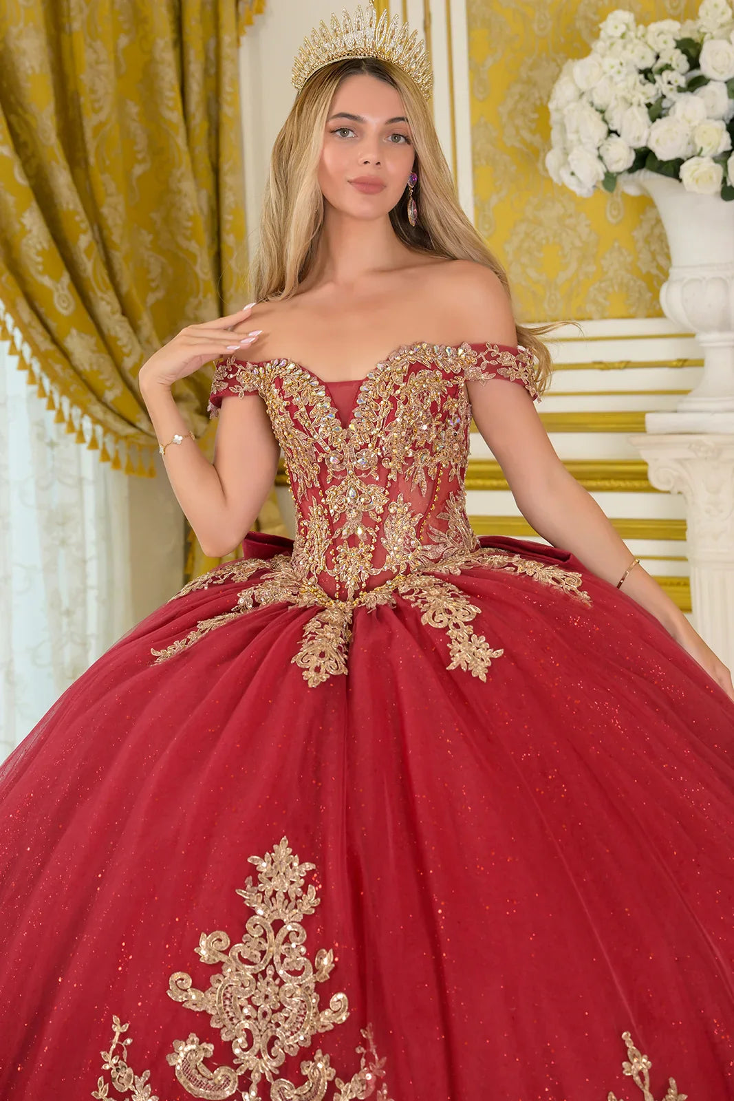 Off-Shoulder Embellished V-Neckline Corset Bodice Train Ball Gown With Detachable Bow (GL3673)