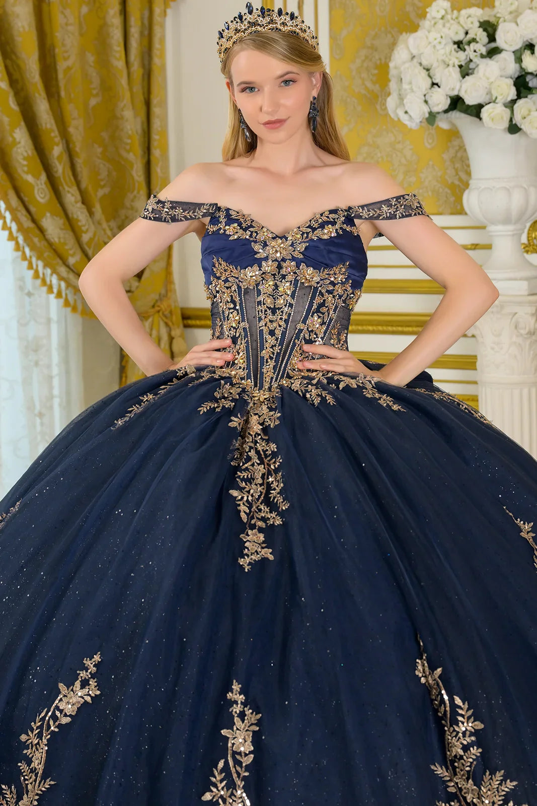 Detachable Off-Shoulder Straps Pleated Satin Bust Embellished Gown With Detachable Back Bow (GL3674)