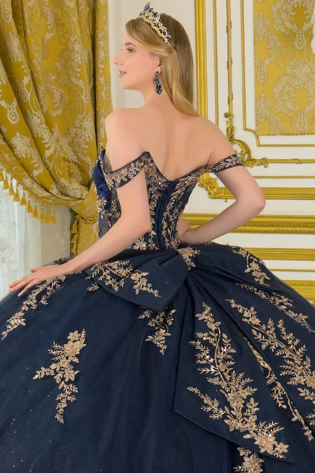 Detachable Off-Shoulder Straps Pleated Satin Bust Embellished Gown With Detachable Back Bow (GL3674)