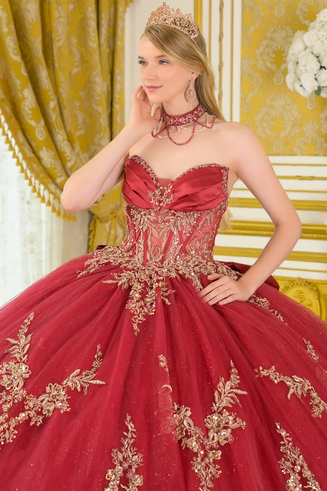 Strapless V-Neckline Pleated Satin Detail Ball Gown Train With Detachable Bow Dangling Bead Choker (GL3675)
