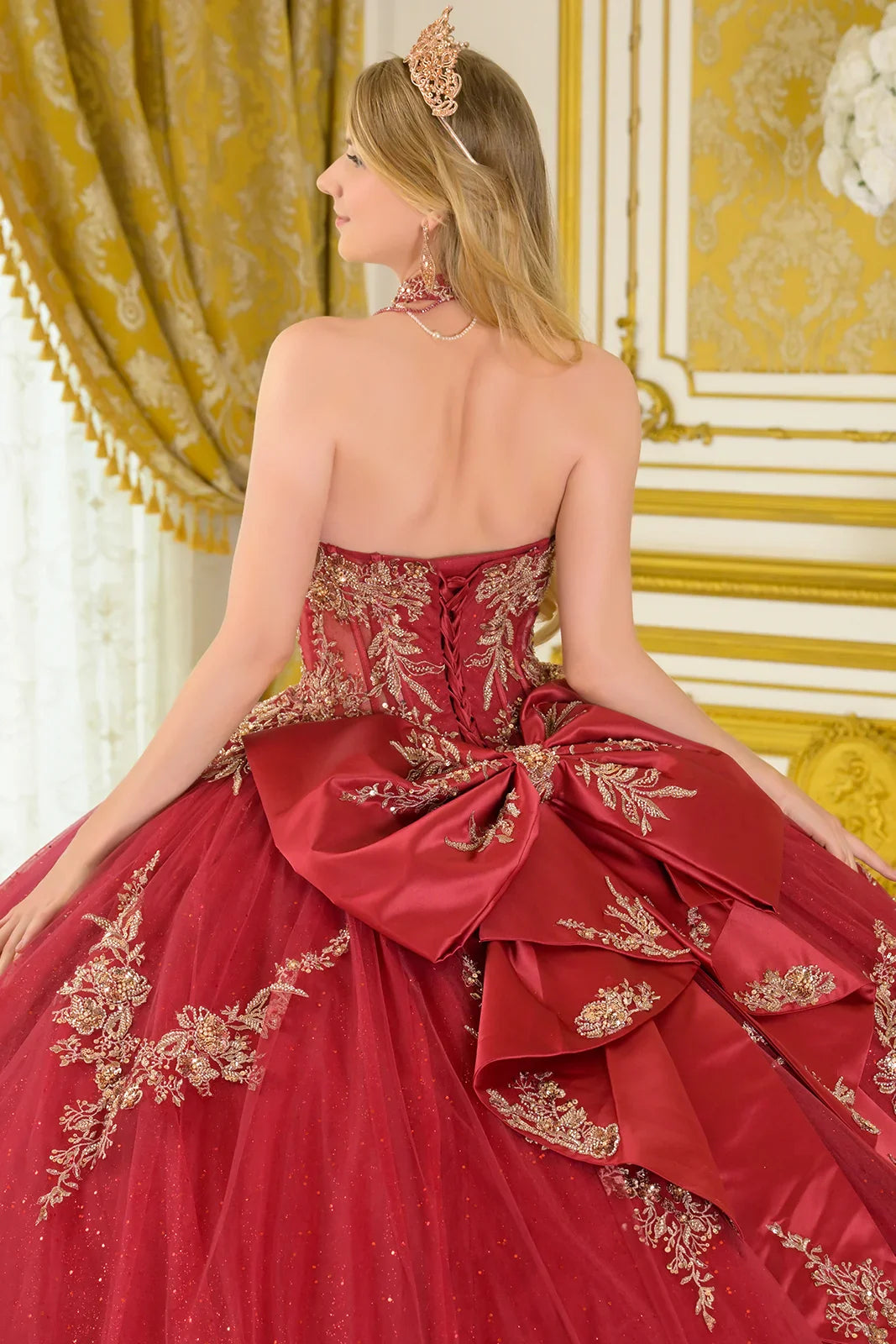 Strapless V-Neckline Pleated Satin Detail Ball Gown Train With Detachable Bow Dangling Bead Choker (GL3675)