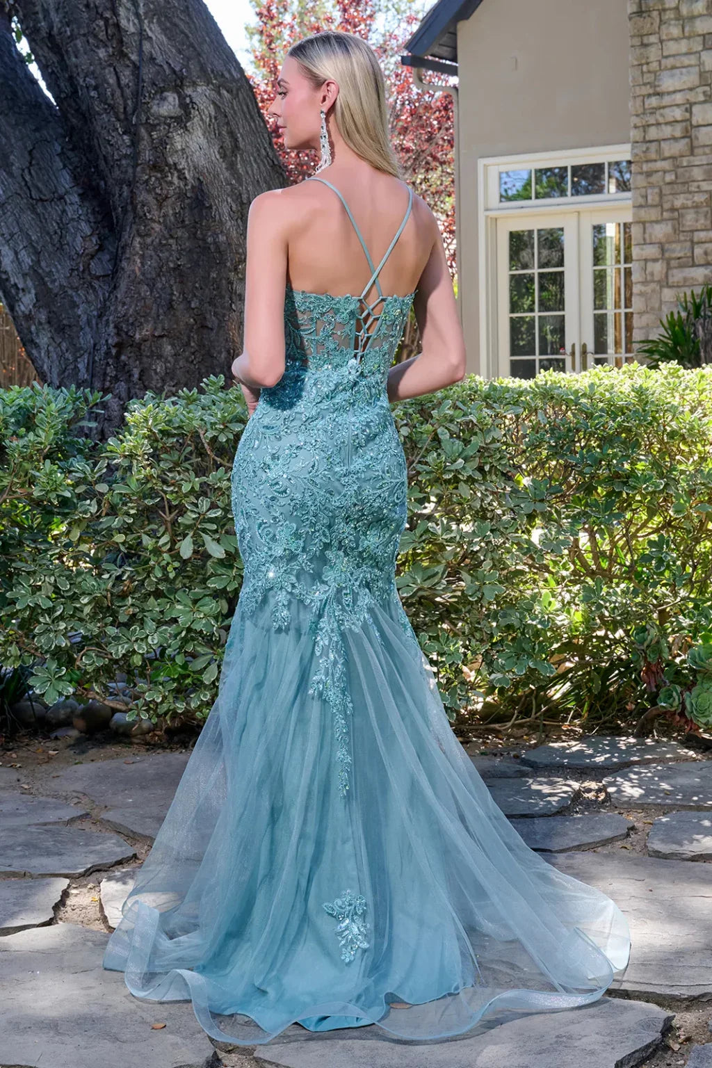 Adjustable Spaghetti Straps Embellished V-Neck Corset Bodice Trumpet Dress (GL3692)