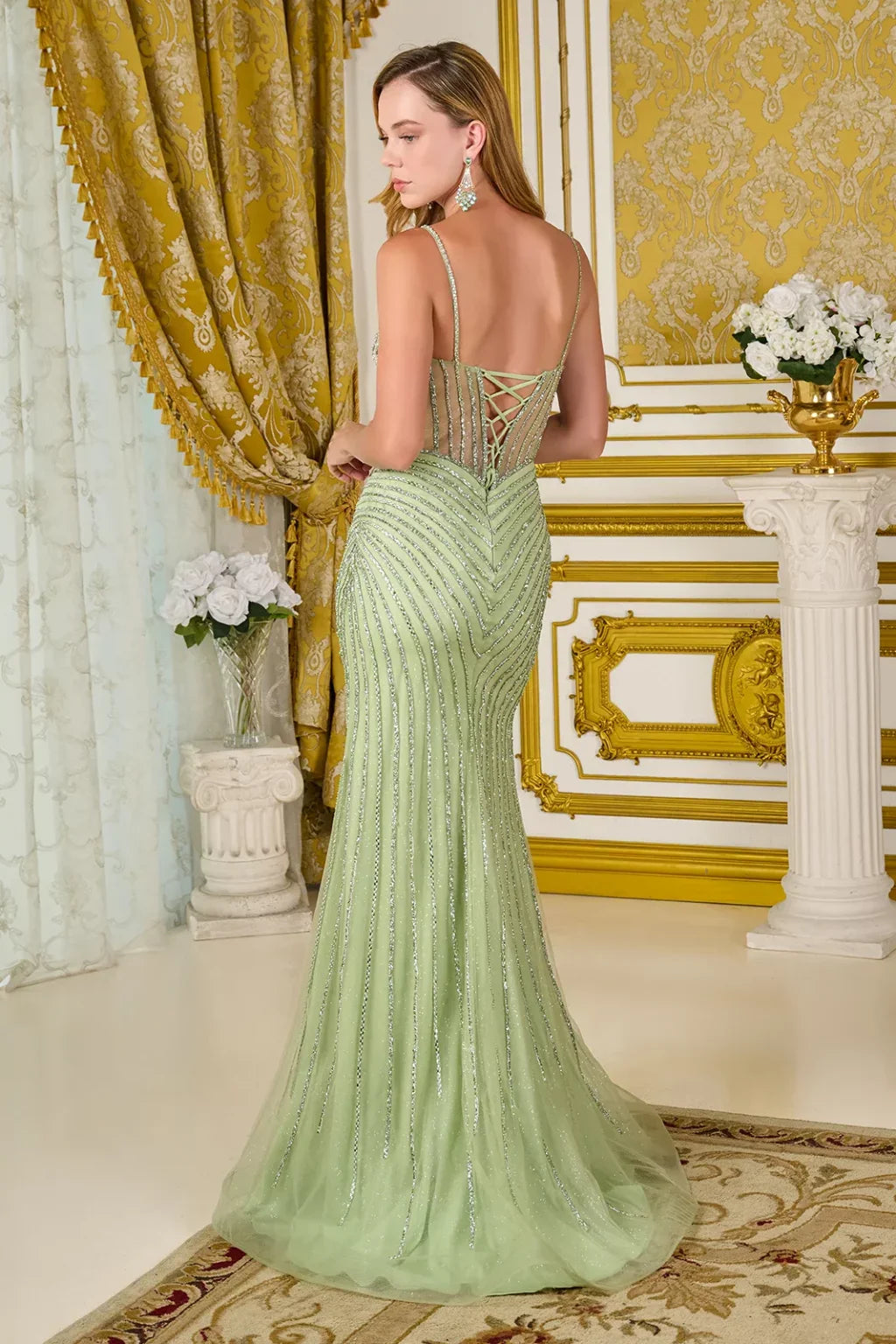 Spaghetti Straps Embellished Boat Neckline Glitter Underlay Fitted Dress With Slit (GL3703)