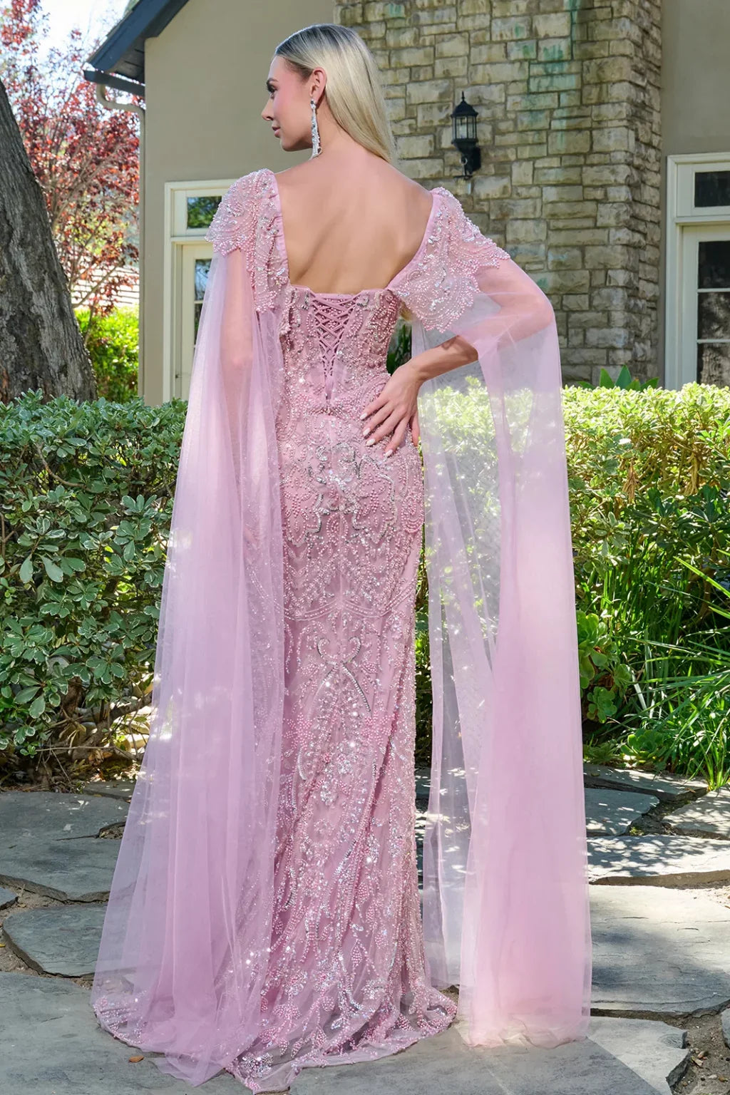 Embellished Cap Sleeves Over Cape Sleeves Fitted Corset Cover Dress (GL3704)