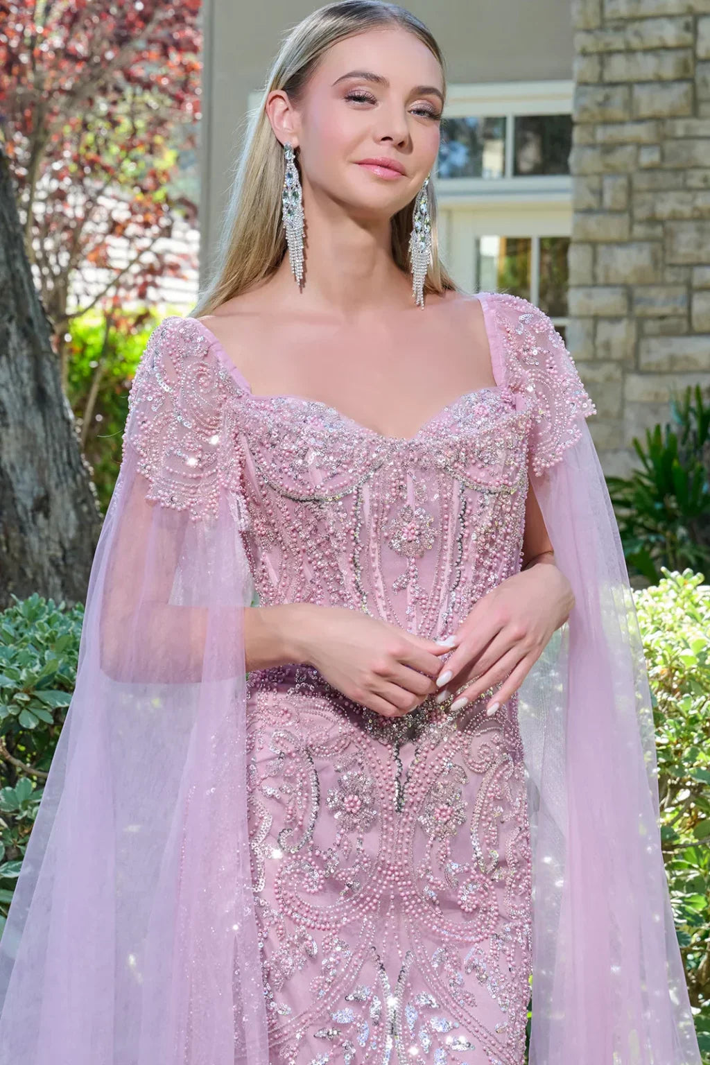 Embellished Cap Sleeves Over Cape Sleeves Fitted Corset Cover Dress (GL3704)