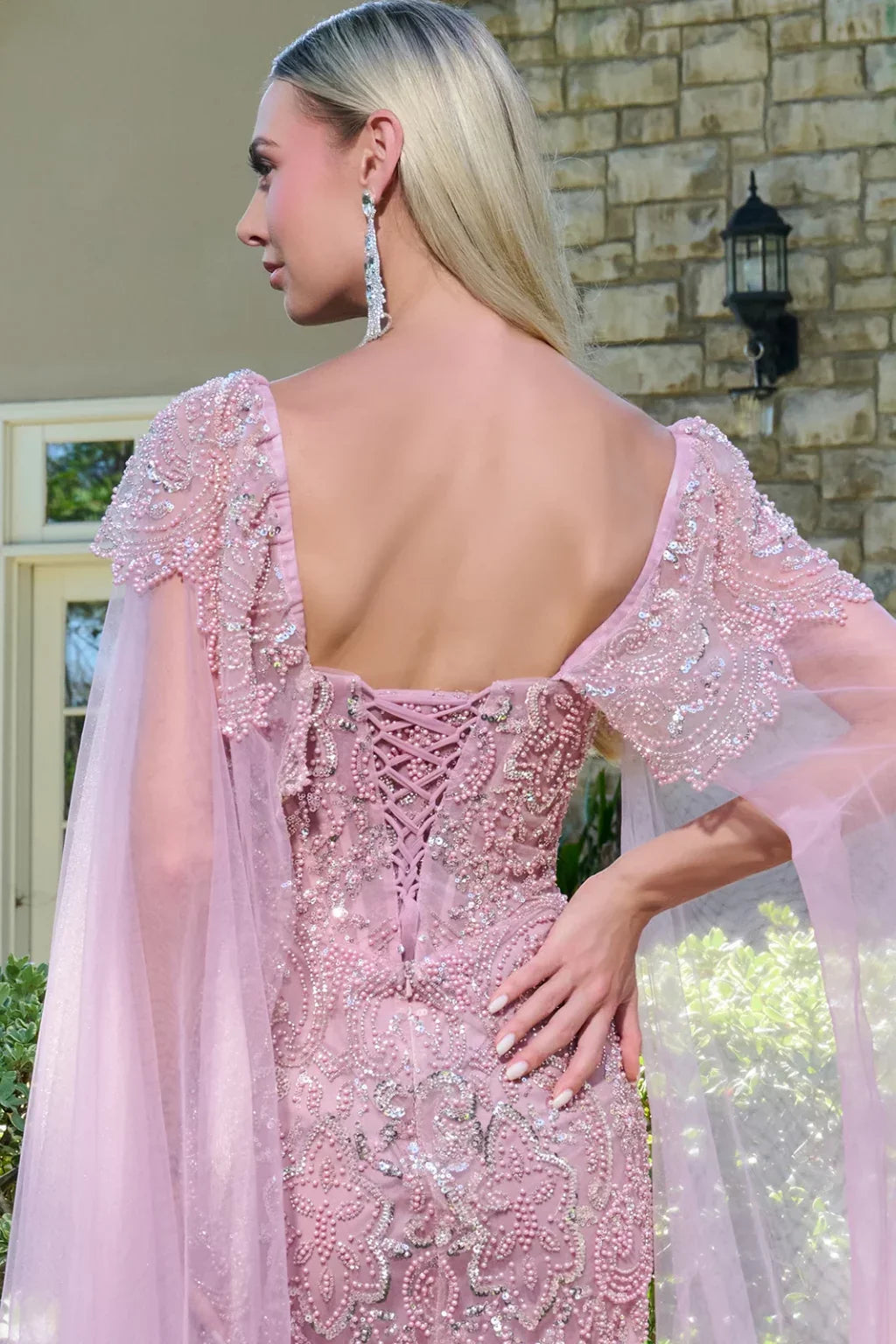 Embellished Cap Sleeves Over Cape Sleeves Fitted Corset Cover Dress (GL3704)