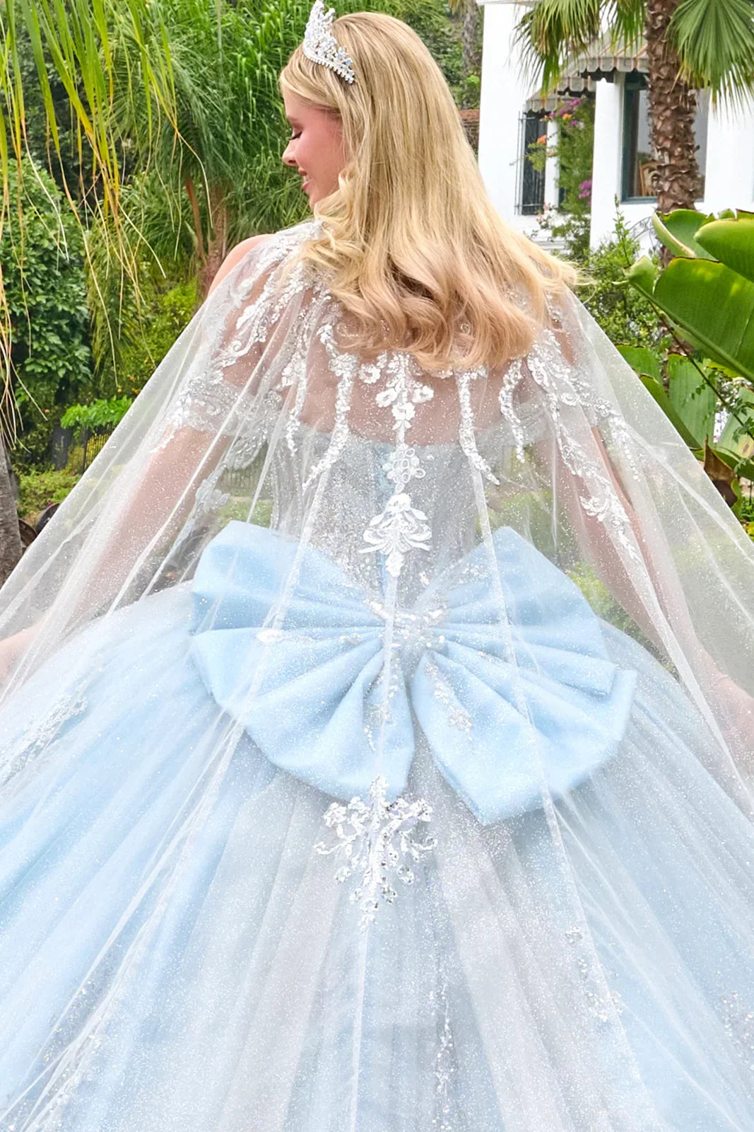 Detachable Off-Shoulder Straps V-Neckline Ball Gown Train With Detachable Bow Tie Able Cape (GL3707)